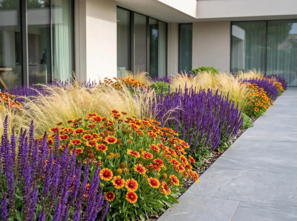 Integración paisajística de Gaillardia en un parterre naturalista combinada con gramíneas y especies de tonos fríos en un chalet de excelencia.