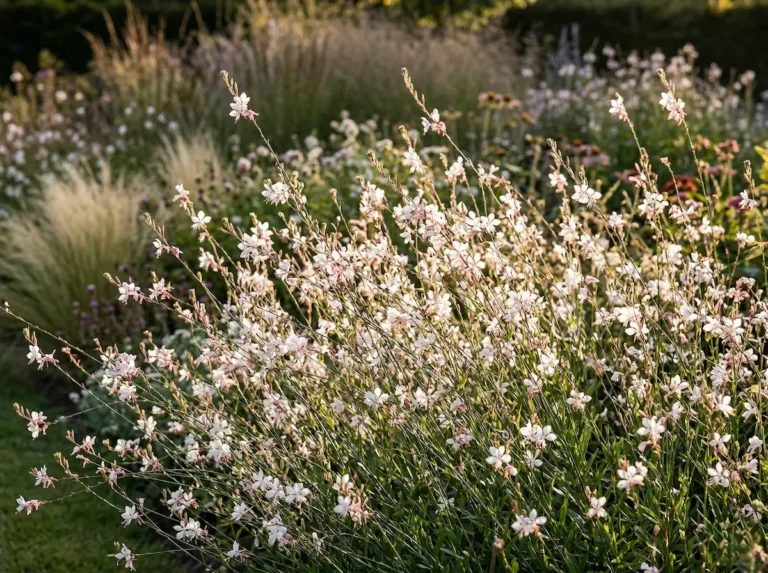 Masa de Gaura blanca con efecto de nube transparente en un jardín de diseño contemporáneo.