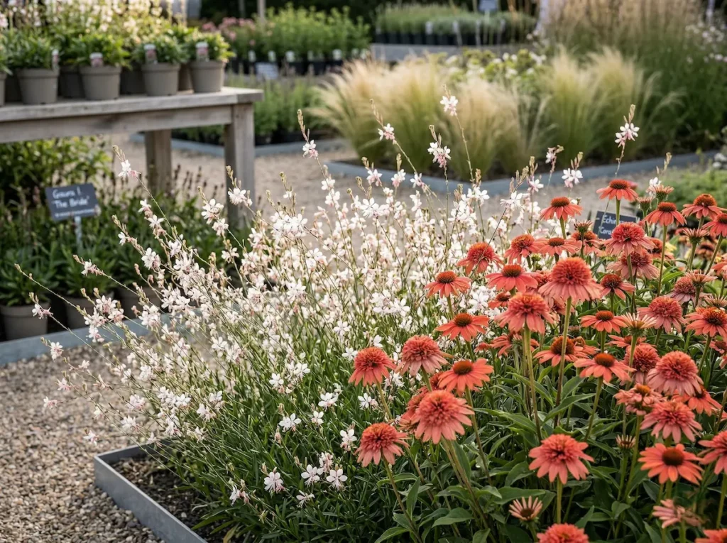 Detalle de flores de Gaura blanca integradas con flores coral en un vivero profesional y cuidado.