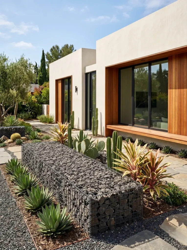 disposición del gavión establece una frontera visual inquebrantable que organiza el espacio exterior. El uso de piedra angular oscura en su interior crea un fondo de gran profundidad
