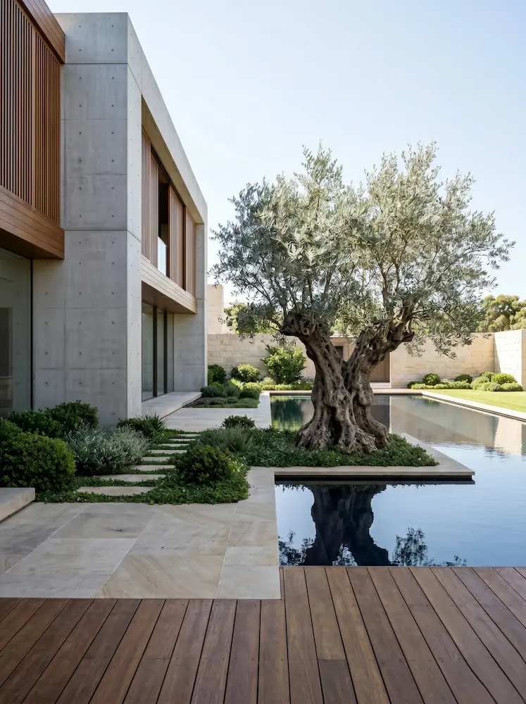 jardín con geometría orgánica con olivo ejemplar