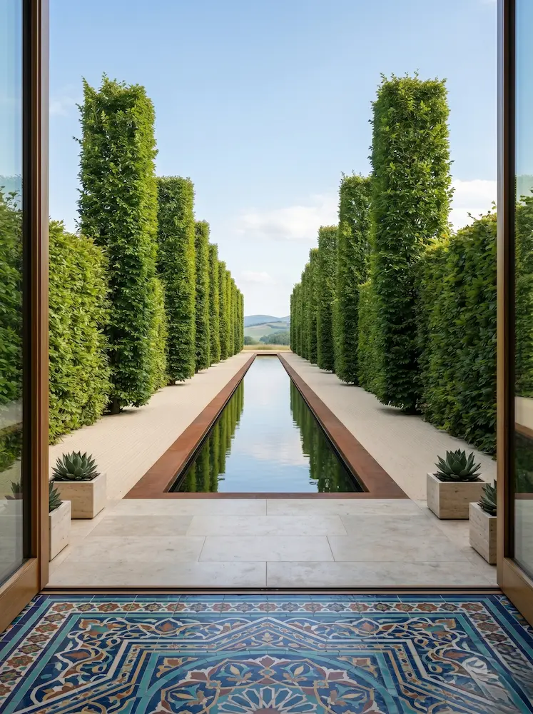jardín con acequia central flanqueado de carpinus poda topiaria