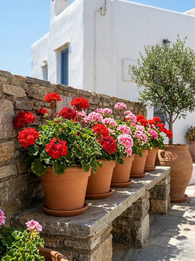 disposición rítmica de las macetas con geranios