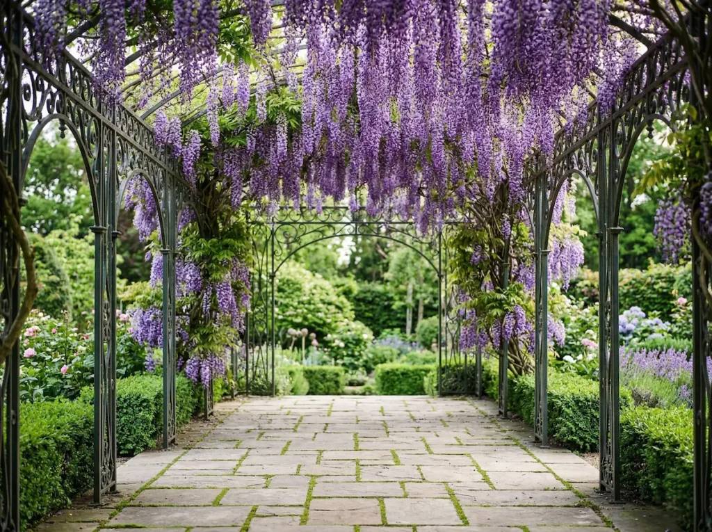 Pérgola de forja diseño clásico soporta wisterias en plena floración proporcionando luz y vida al ambiente