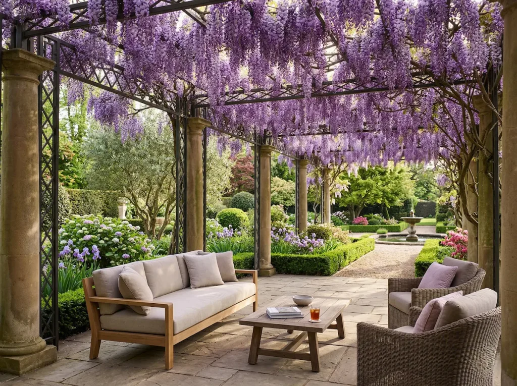 pérgola clásica piedra y forja, con racimos de glicinia violeta