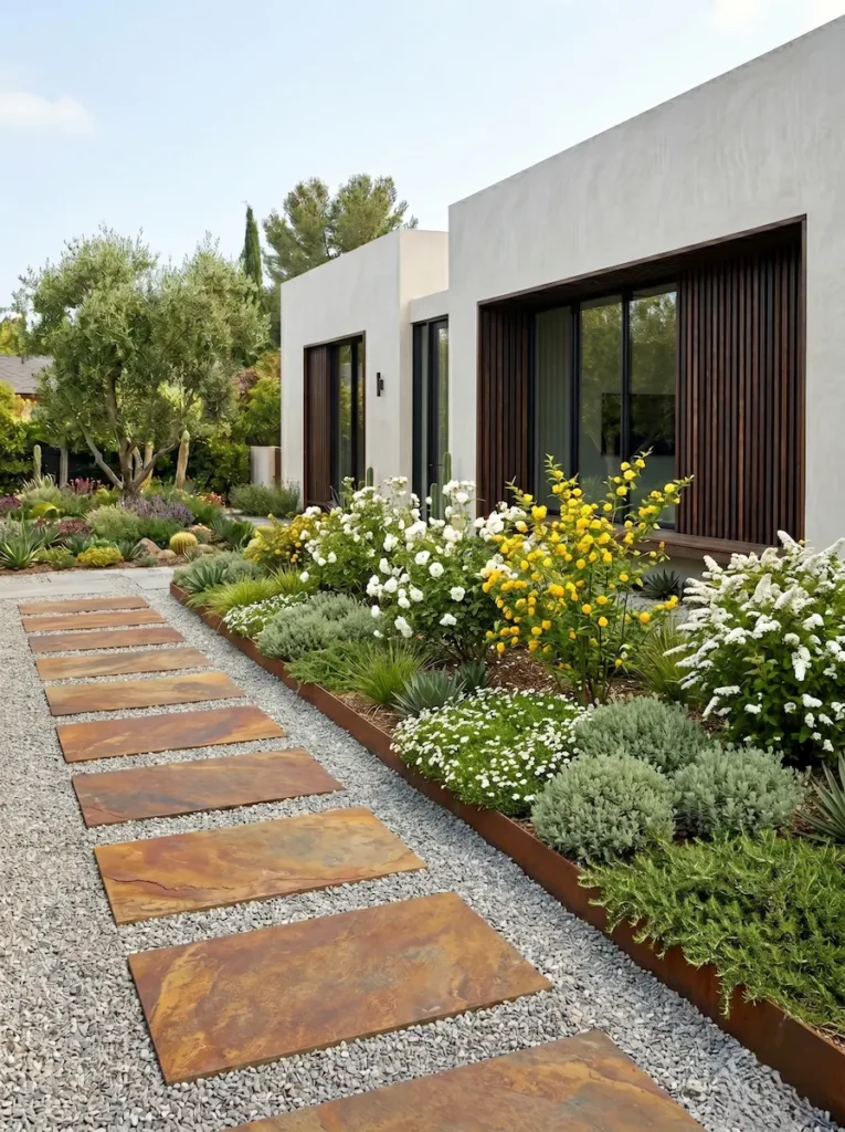 piedra triturada en tonos claros funciona como un reflector natural que ilumina el suelo y amplía la percepción del espacio.