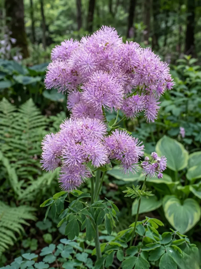 Primer plano fotográfico de las inflorescencias plumosas en tonos lila y el follaje similar al de la aguileña del Thalictrum aquilegiifolium.