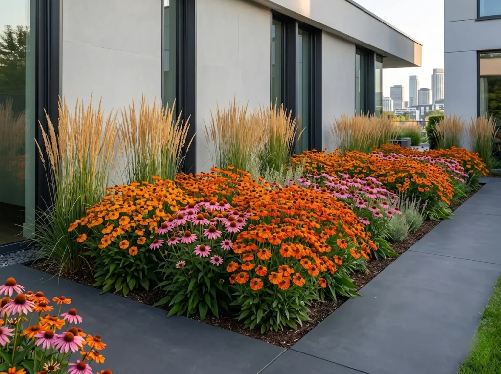 Integración paisajística del Helenio (Helenium autumnale) junto a gramíneas arquitectónicas en un jardín contemporáneo, reflejando un estándar profesional indiscutible.