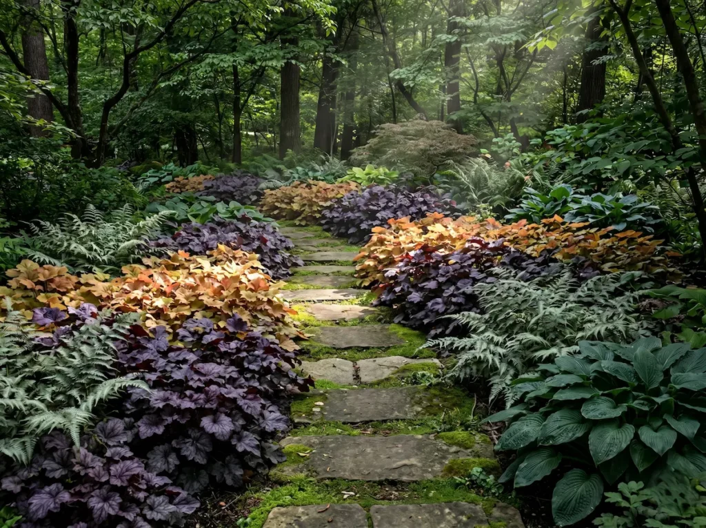 Integración paisajística de masas de Heuchera en un jardín de sotobosque contemporáneo, contrastando texturas junto a rocas cubiertas de musgo y helechos bajo luz filtrada.