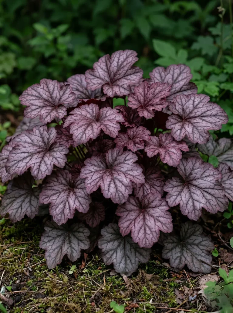 Primer plano fotográfico del follaje lobulado de la Heuchera, destacando la profunda nervadura plateada y los tonos burdeos de sus hojas.