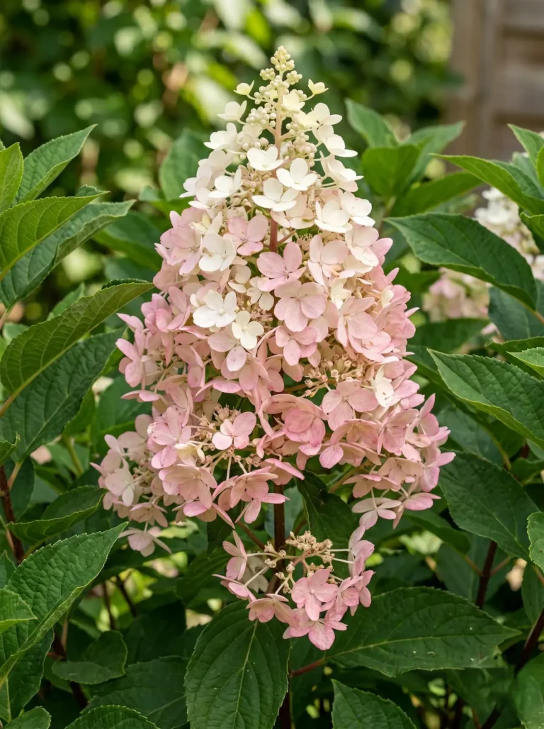 Primer plano de hydrangea paniculata detalle de flor cónica blanco con tendencia a rosa