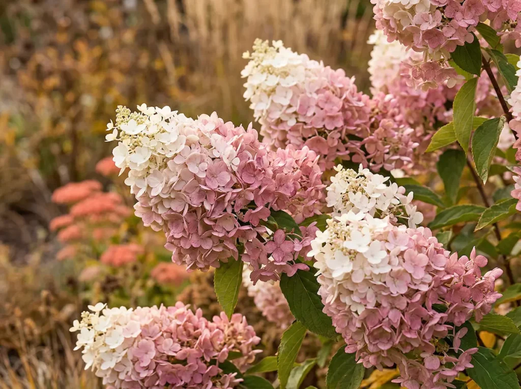 un plano de las flores en el momento en que empiezan a teñirse de rosa empolvado, capturando esa pátina natural de antigüedad