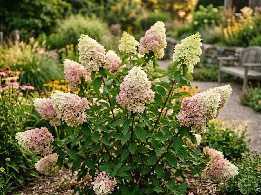 Arbusto Hydrangea paniculata con grandes flores cónicas que transitan del blanco crema al rosa empolvado.