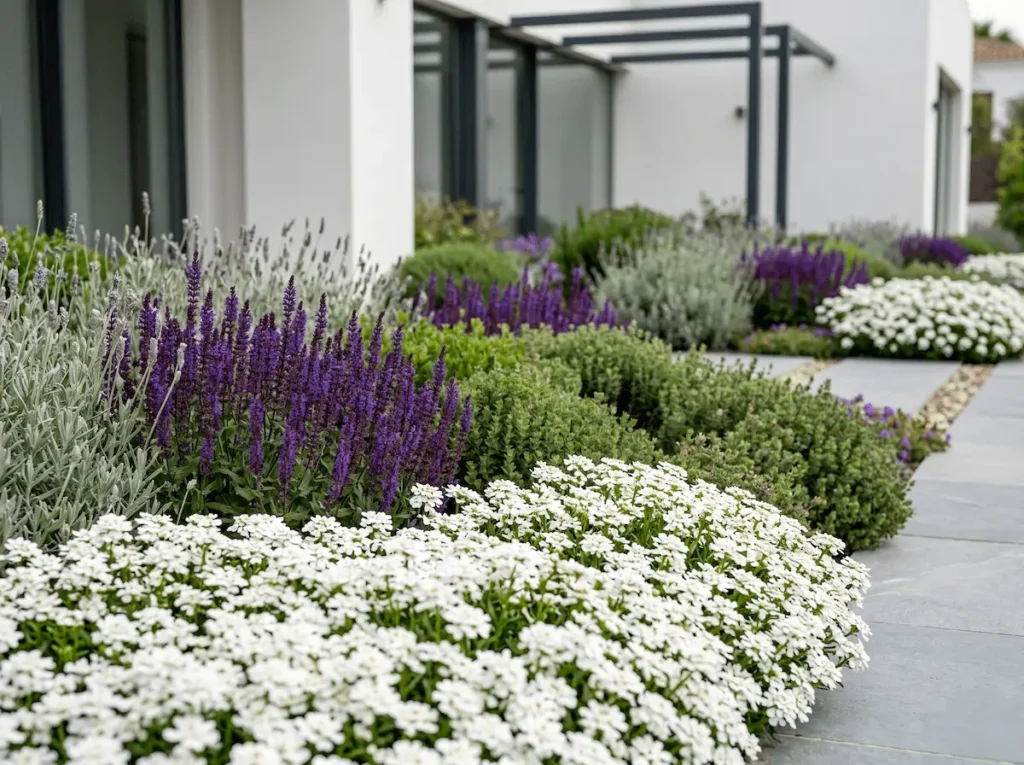 Composición vegetal de Iberis con Lavandula, Thymus y Salvia nemorosa en un macizo de diseño contemporáneo.