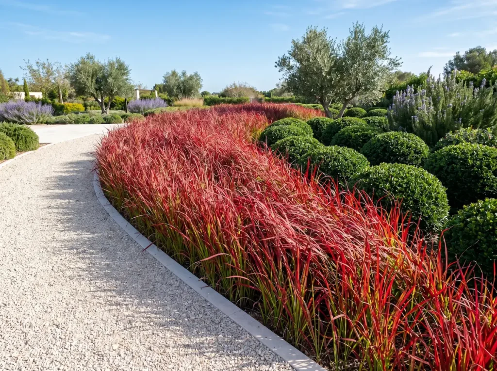 Integración paisajística de una gran masa de Hierba de sangre (Imperata cylindrica 'Red Baron') aportando un estallido de color en un jardín contemporáneo junto a un sendero de piedra caliza pálida.