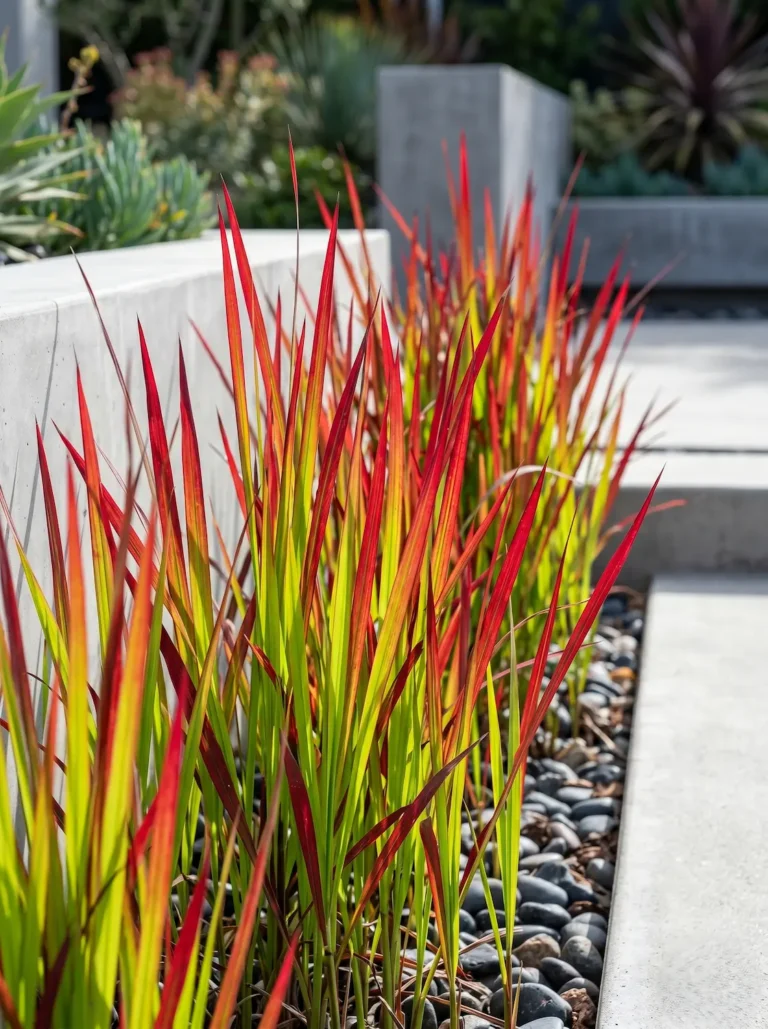 Primer plano fotográfico de las láminas translúcidas de la Hierba de sangre (Imperata cylindrica 'Red Baron'), mostrando la transición del verde basal al rojo escarlata en las puntas.