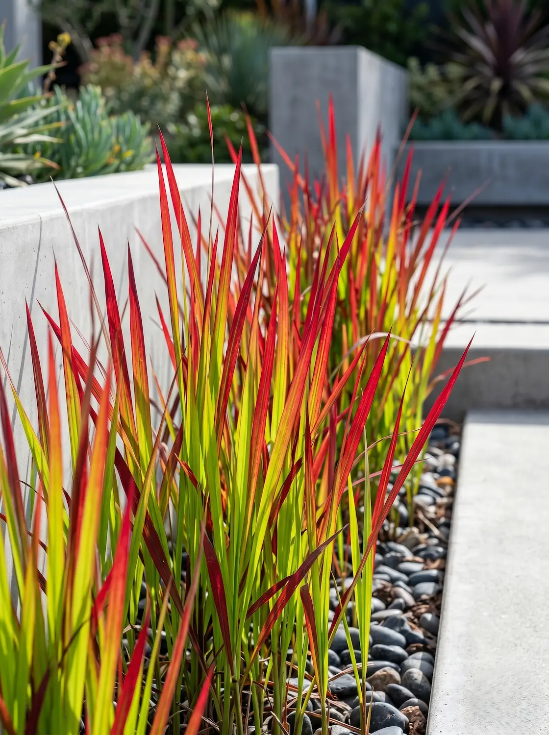 Primer plano fotográfico de las láminas translúcidas de la Hierba de sangre (Imperata cylindrica 'Red Baron'), mostrando la transición del verde basal al rojo escarlata en las puntas.