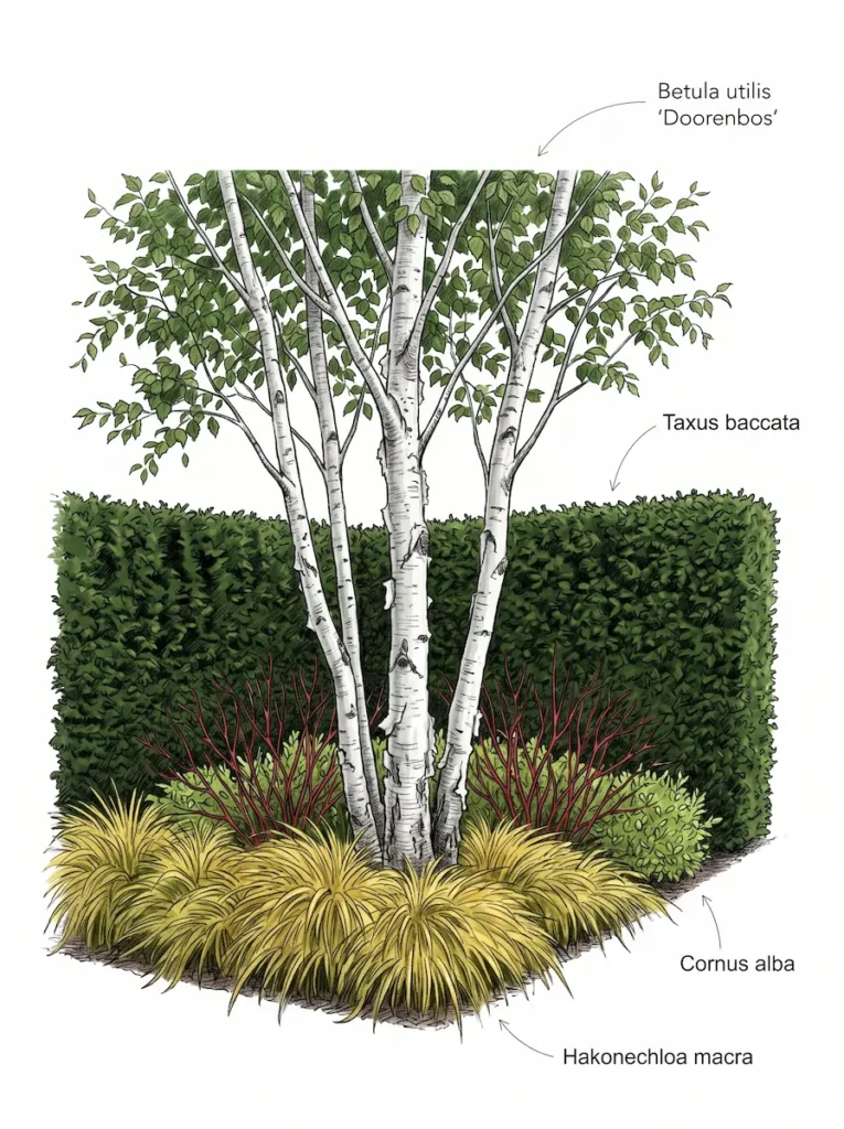 Infografía botánica a color mostrando la integración paisajística del Betula utilis'Doorenbos' con otras especies de diseño cuidado.