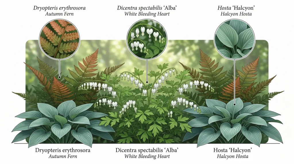infografía de dicentra alba con otras plantas de sombra