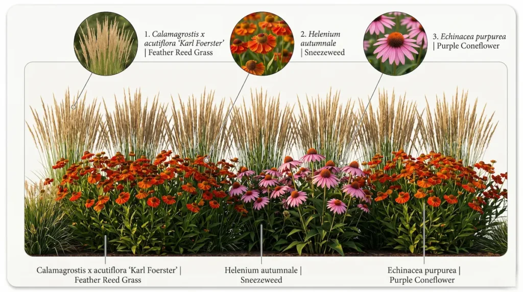 infografía con helenio equinacea y calamagrostis karl foerster