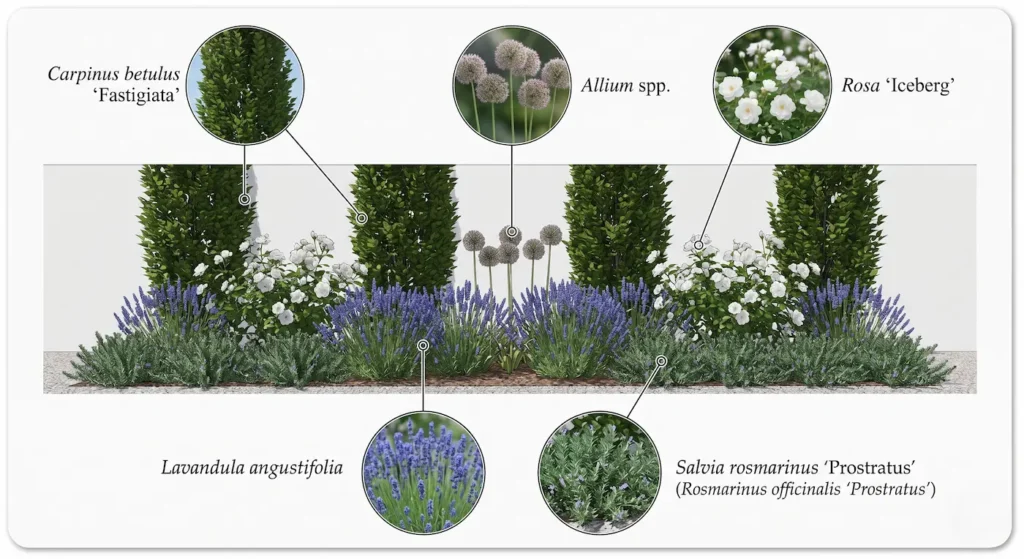 infografía de composición paisajística con lavanda 