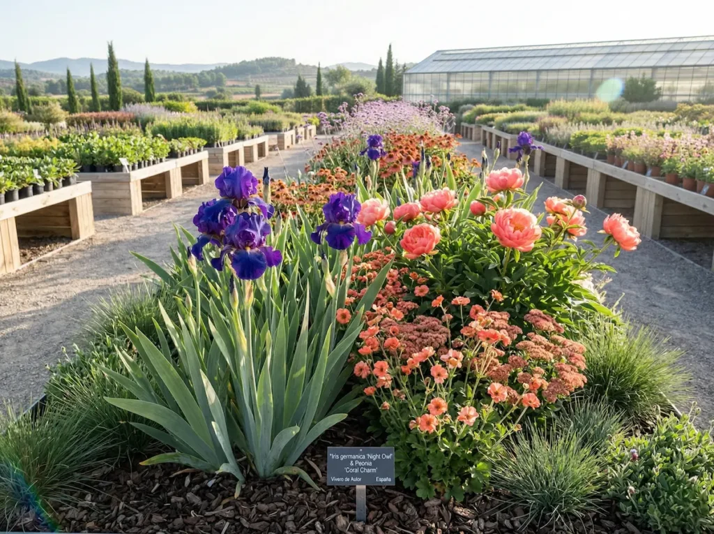 Macizo de Iris con hojas arquitectónicas integrado con flores de color coral en un vivero de alta gama.