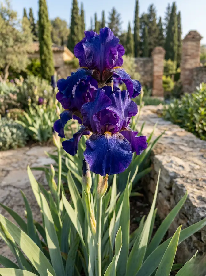 Flor de Iris púrpura con textura aterciopelada y hojas en forma de espada en un jardín de diseño.