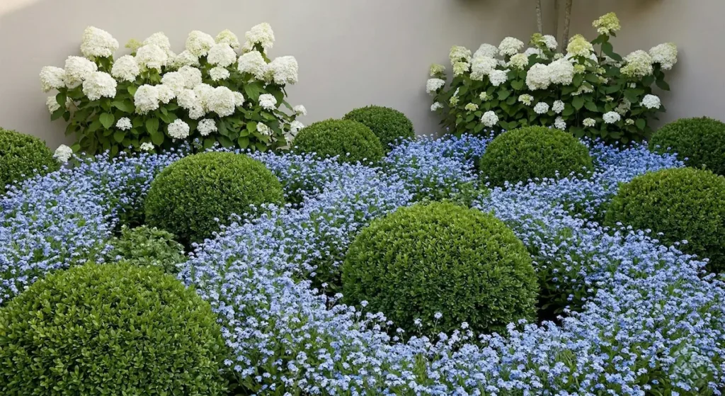 flores azules de porte bajo hacen formas curvas, entrelazadas con arbustos verdes recortados en esferas perfectas.