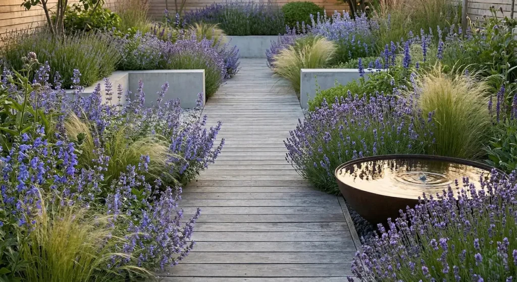 pasarela de madera de líneas limpias se convierte en el paseo de un mar de flores azules sueltas, lavandas y gramíneas