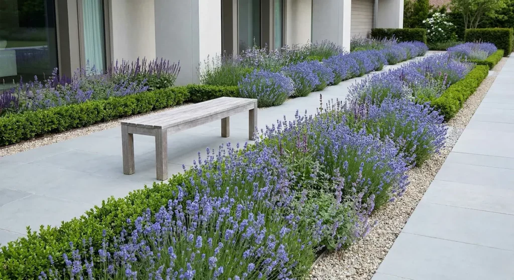 Bandas largas y fluidas de flores azules y moradas serpentean por el suelo a modo de río, enmarcadas por bordes de boj bajitos, grava clara y adoquines impecables.