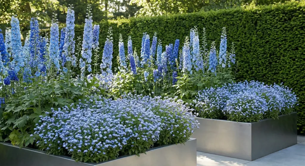 jardineras elevadas, con líneas muy pulidas, albergan altas espuelas de caballero (Delphiniums)
