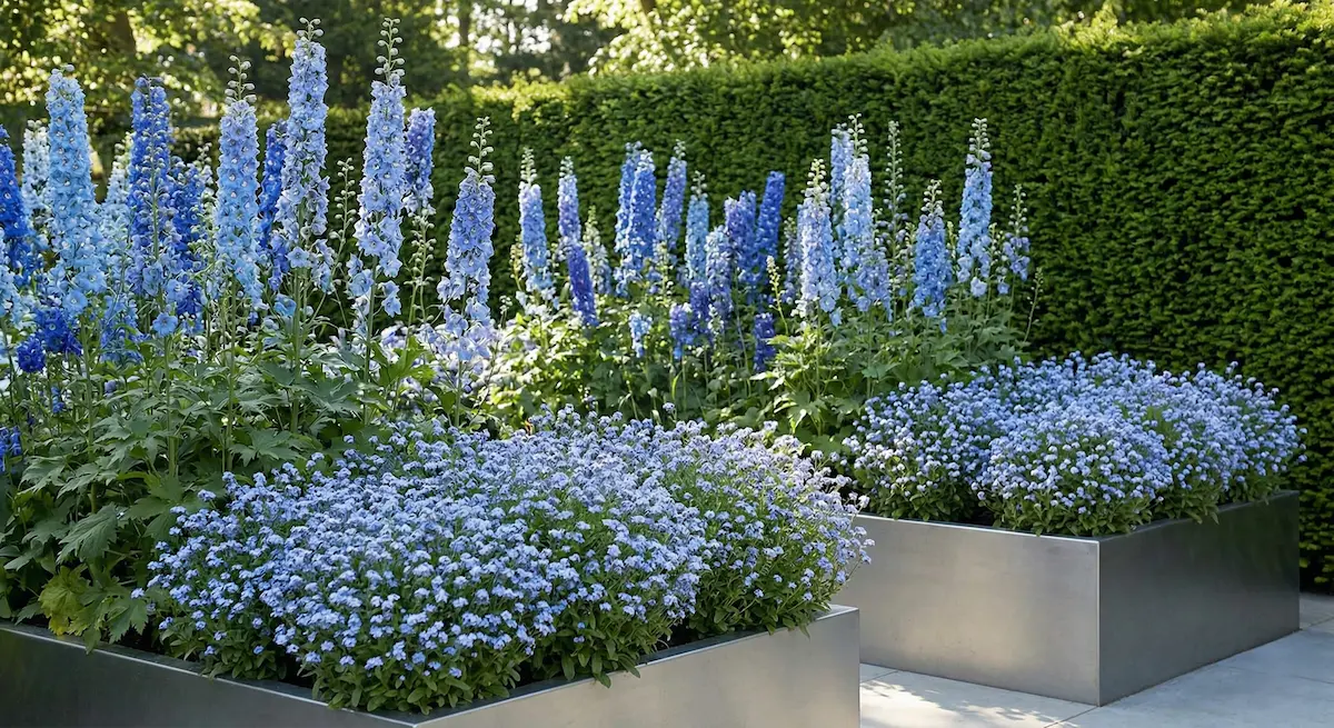 jardineras elevadas, con líneas muy pulidas, albergan altas espuelas de caballero (Delphiniums)