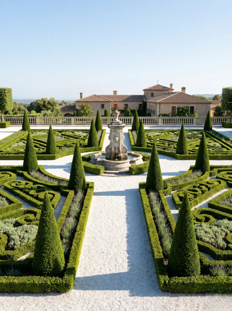 Fotografía de un jardín clásico y formal con parterres geométricos de Boj común (Buxus sempervirens) y topiaria cónica de Tejo (Taxus baccata), demostrando una integración paisajística de absoluto estándar profesional.