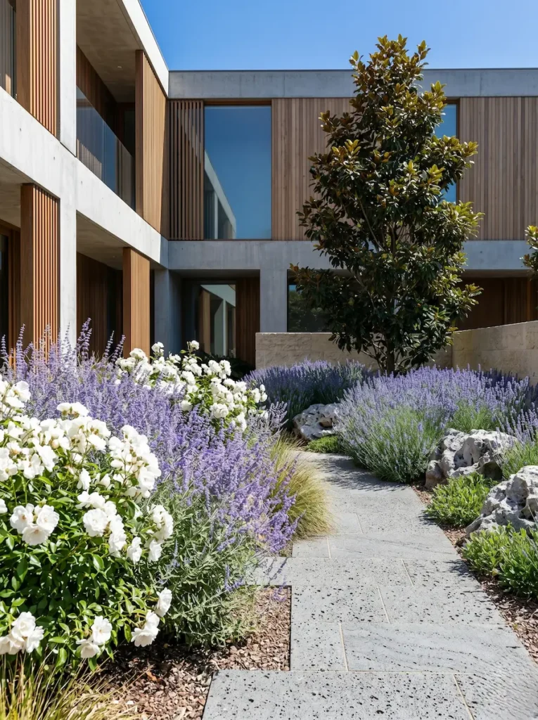 selección de esta paleta debe responder no solo a los gustos individuales, sino a la incidencia lumínica específica de la ubicación y a la colorimetría de las fachadas colindantes. Al integrar masas de lavanda oficinal (Lavandula angustifolia) junto a rocas calcáreas, el paisajista esculpe la profundidad del terreno,