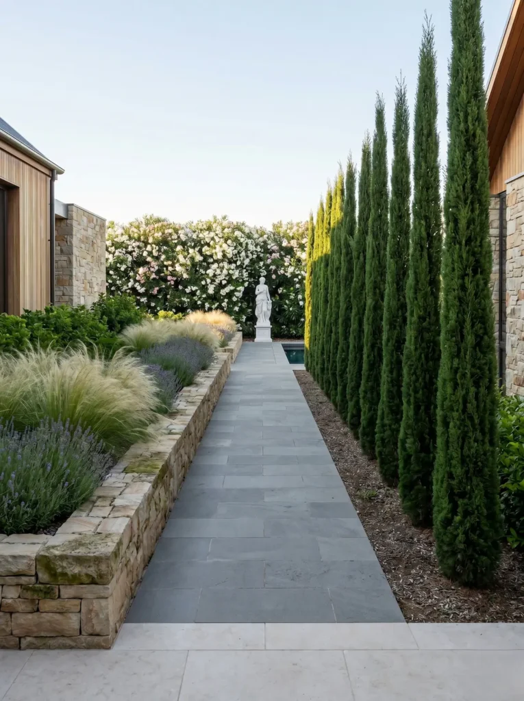 diseño cuidado, la línea se materializa mediante senderos ortogonales, muretes de contención o alineaciones de ciprés estricto (Cupressus sempervirens), definiendo el movimiento y estableciendo una transición orgánica que estructura el jardín con absoluta maestría.