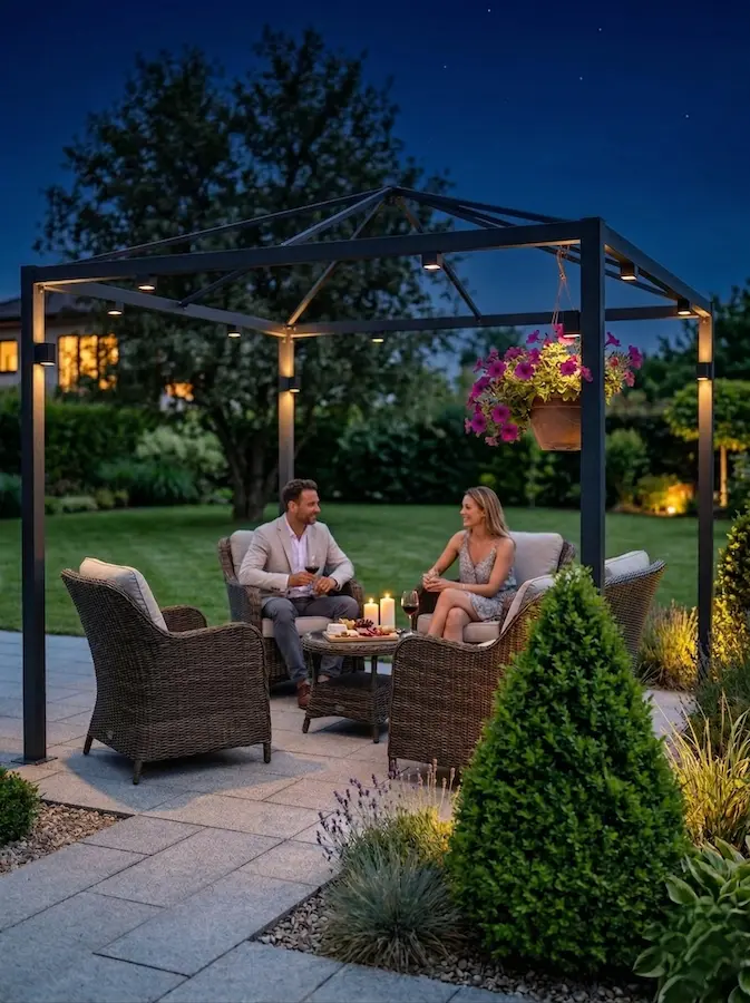 gazebo o cenador es, por definición, el corazón social del jardín en la noche