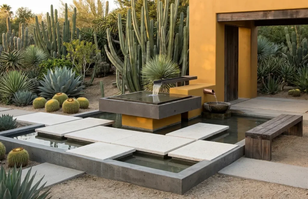 entorno xeriscópico dominado por cactus columnares y agaves.