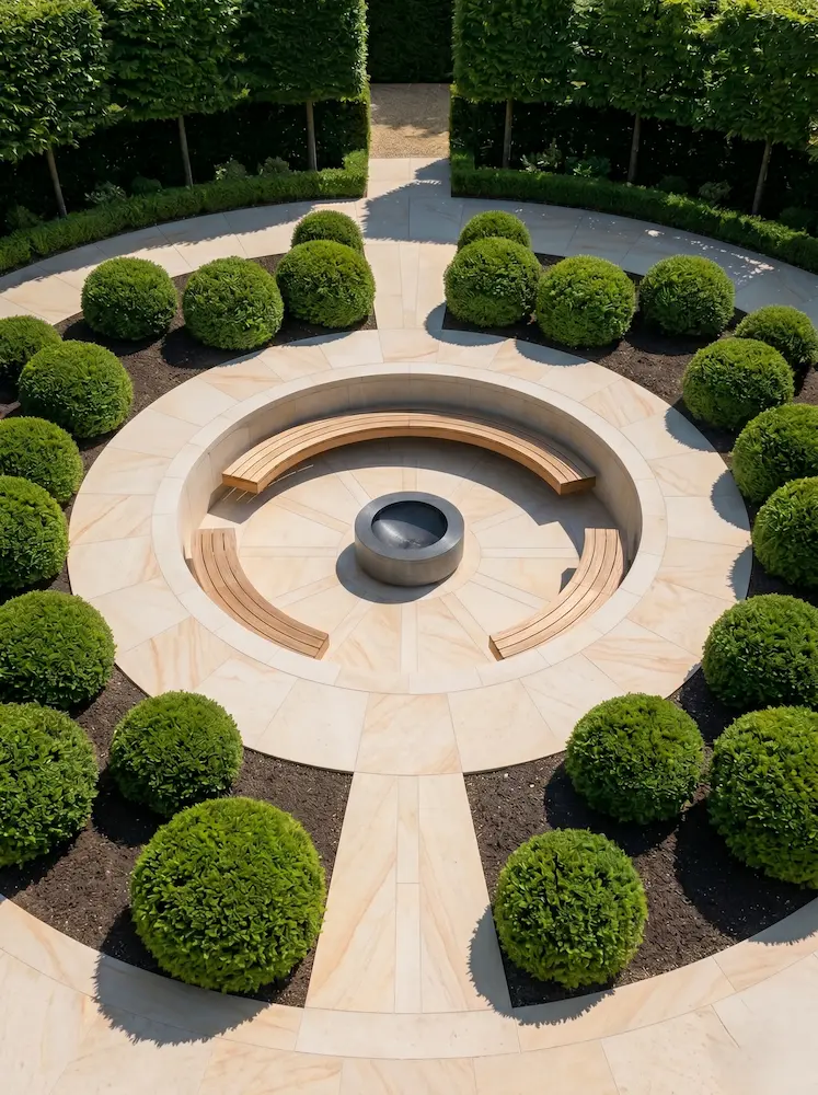 detalle de jardín geométrico con formas esféricas en boj y zona de estar central circular