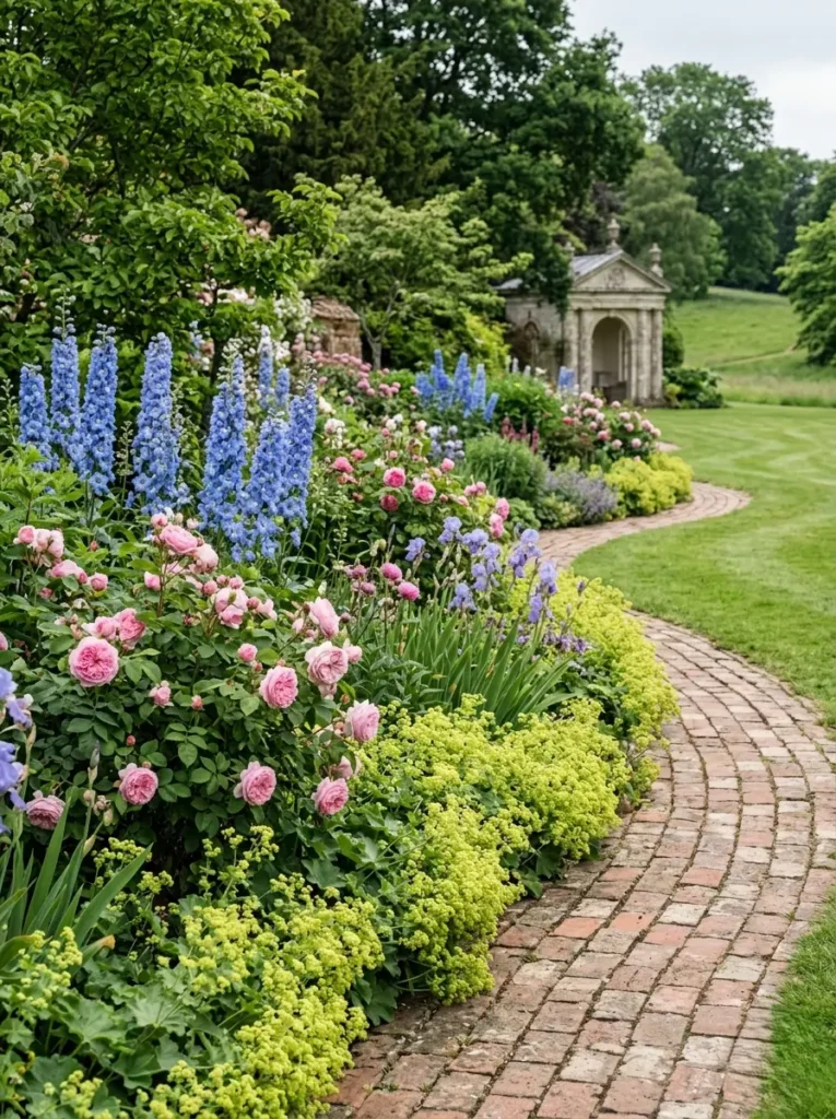 Transición orgánica en un jardín inglés mediante una bordura herbácea que incluye Espuela de caballero (Delphinium elatum), Rosal de cien hojas (Rosa centifolia) y Alchemilla (Alchemilla mollis).