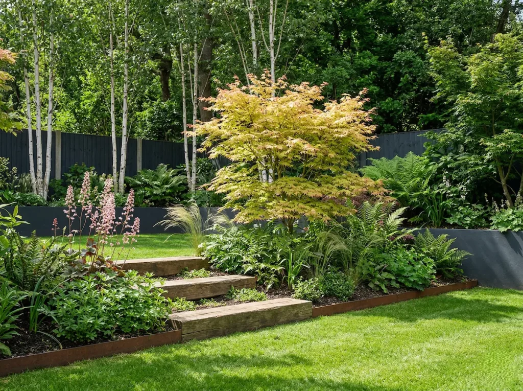 jardín inglés contemporáneo , orden con acero corten en la imagen acer palmatum contrasta con troncos de abedules