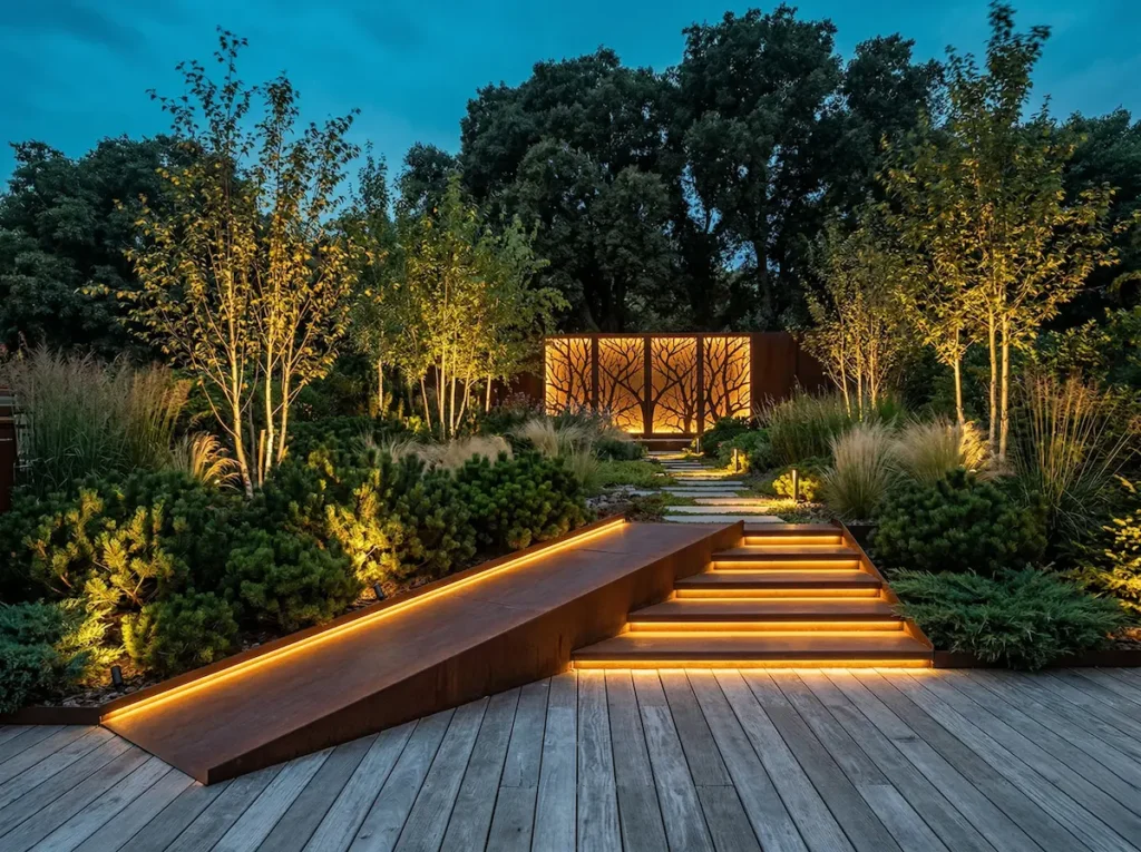 jardín inglés con iluminación bien delimitado con pasos de piedra, madera y delimitación acero corten