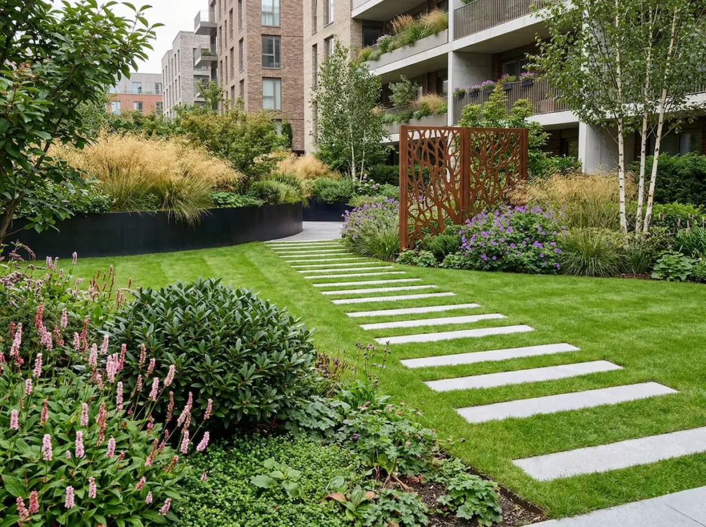 jardín inglés contemporáneoorden con césped y paso de planchas de piedra, figura de acero corten y vegetación ordenada 