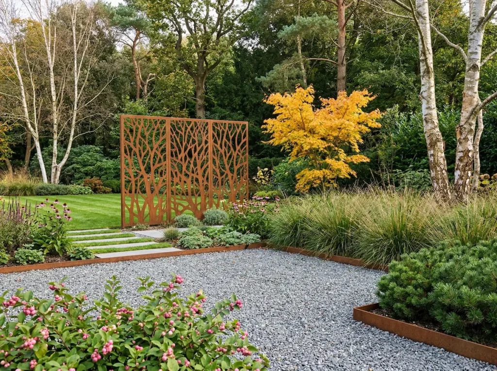 jardín ingles moderno orden marcado por los perfiles de acero corten enmarcando camino de grava y macizos de gramíneas y vivaces.