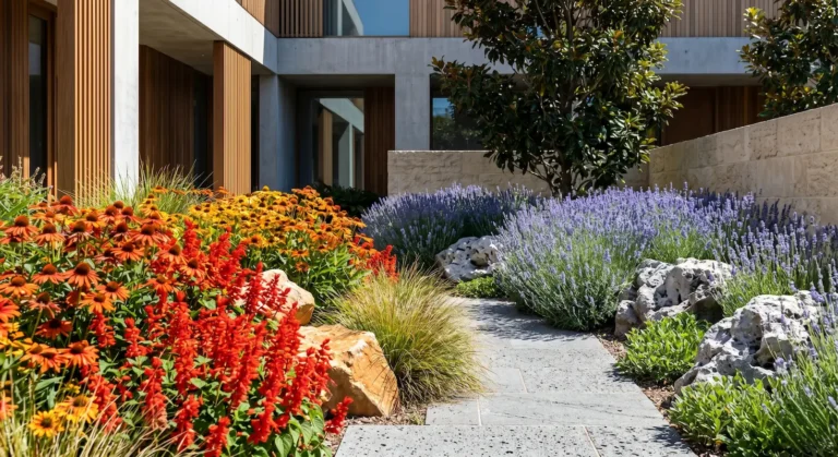 jardín con planta sostenible color y elementos orgánicos