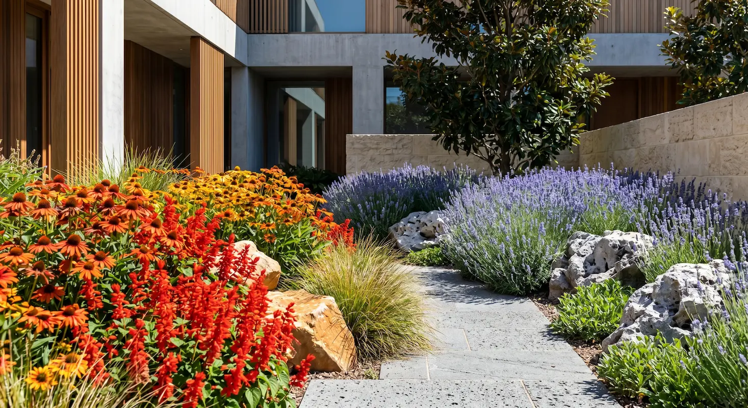 jardín con planta sostenible color y elementos orgánicos