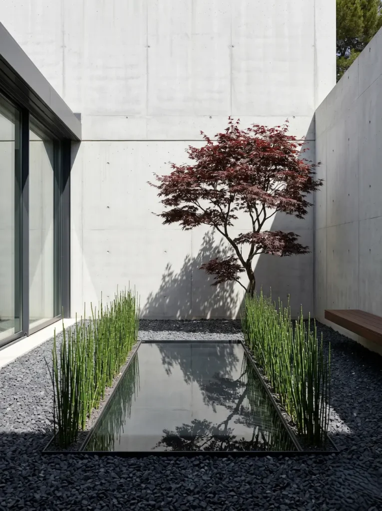 Diseño cuidado en un patio minimalista utilizando Cola de caballo (Equisetum hyemale) y un Arce japonés (Acer palmatum) como materia constructiva botánica junto a una lámina de agua oscura.