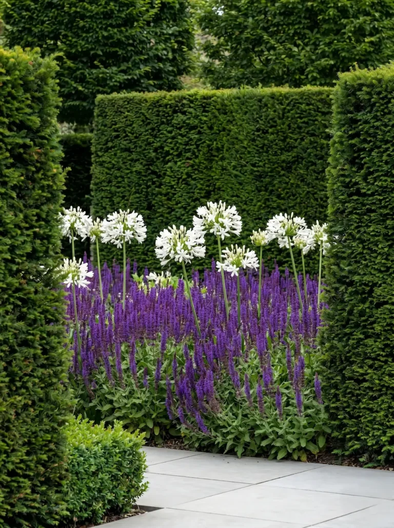 Fusión de estilos que combina un seto formal de Tejo (Taxus baccata) con el movimiento naturalista de la Hierba pluma (Stipa tenuissima) y la geometría del Ajo ornamental (Allium giganteum).