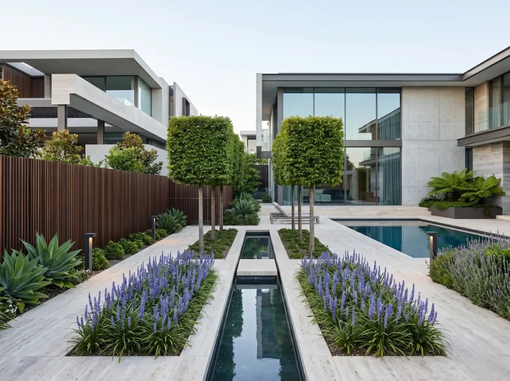 Integración paisajística de una cortina elevada de Carpes (Carpinus betulus) en espaldera, delimitando un patio contemporáneo con pavimentos de travertino pálido y una lámina de agua lineal.
