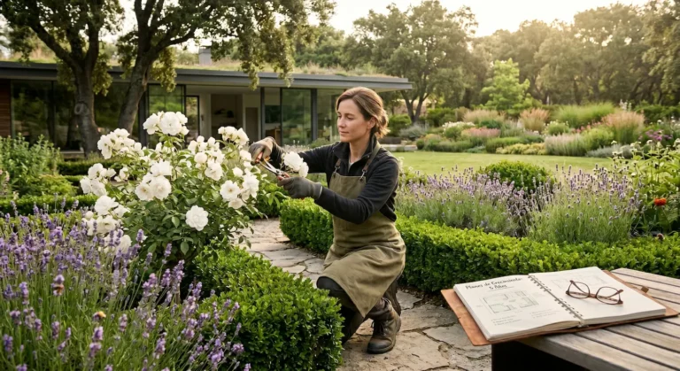 jardinera podando con mimo un rosal iceberg