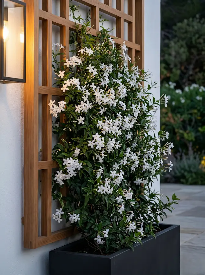 jazmín en jardinera estilo actual negra sobre celosía de madera